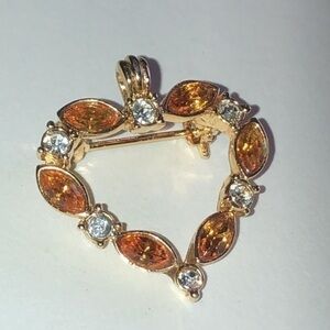 Vintage Gold Tone & CZ Citrine Rhinestone Heart Brooch Pin or Pendant